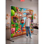Детский пресс-волл «С Днём Рождения!» в стиле Майнкрафт (Стив и Крипер)