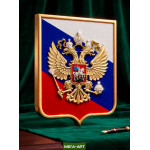 Герб России на бархатном щите (флок триколор) в рамке, кристаллы Сваровски, Орёл металлизирован
